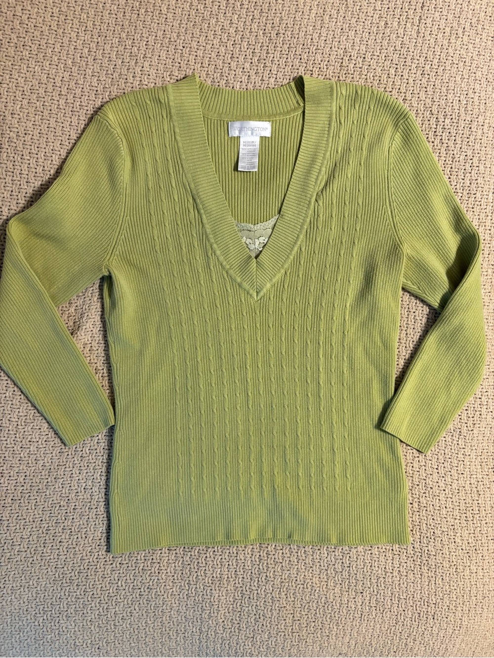 Worthington Light Green V-Neck Cable Knit Sweater